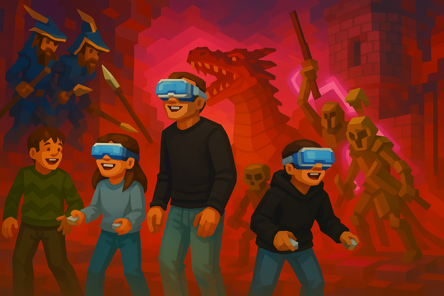 Dibujo de familia jugando con gafas VR